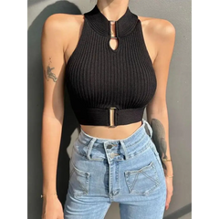 High-neck knitted crop top with metal clasp - Y2k Empire