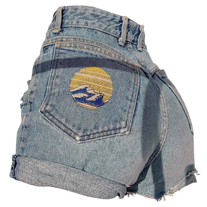 High rise denim shorts with great wave embroidery - Y2k Empire