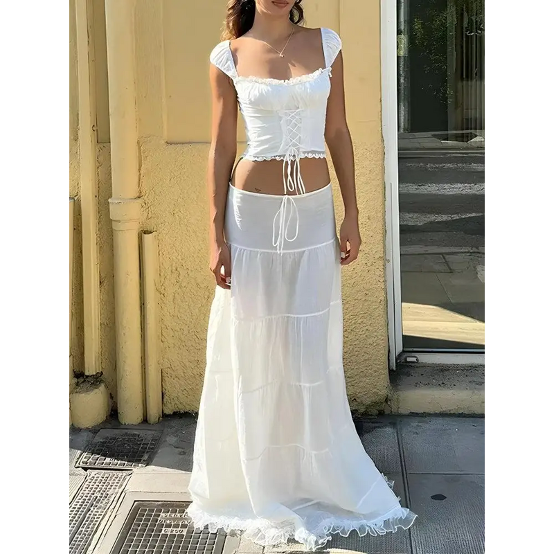 Lace-up crop top & maxi skirt set for elegant summer style - Y2k Empire