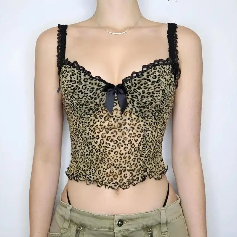 Leopard mesh lace tie-front top - Y2k Empire