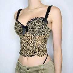 Leopard mesh lace tie-front top - Y2k Empire