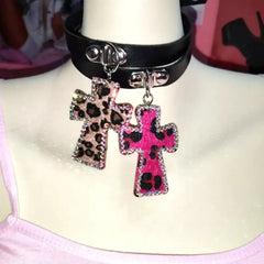 Leopard print cross choker: y2k revival - Y2k Empire