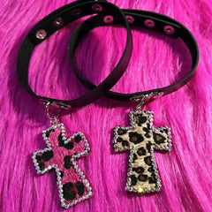 Leopard print cross choker: y2k revival - Y2k Empire