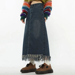 Lond denim fringe skirt - vintage y2k style - Y2k Empire