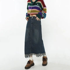 Lond denim fringe skirt - vintage y2k style - Y2k Empire