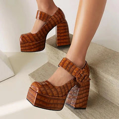 Luxury crocodile textured square toe heels - Y2k Empire