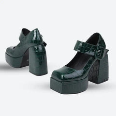 Luxury crocodile textured square toe heels - Y2k Empire