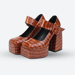 Luxury crocodile textured square toe heels - Y2k Empire