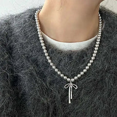 Pearl bow pendant necklace - Y2k Empire