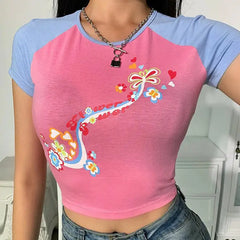 Pink flower power crop top - crew neck raglan sleeve - Y2k Empire