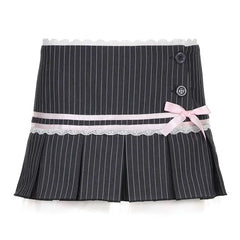 Pinstripe pleated skirt with pink ribbon bow - Y2k Empire