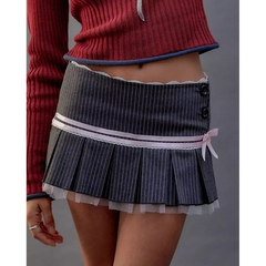 Pinstripe pleated skirt with pink ribbon bow - Y2k Empire