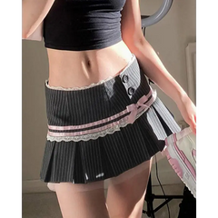 Pinstripe pleated skirt with pink ribbon bow - Y2k Empire