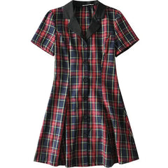 Plaid a-line mini dress with wide collar & tie back - Y2k Empire