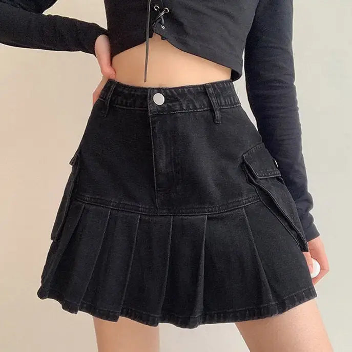 Pleated denim mini skirt with high waist - Y2k Empire