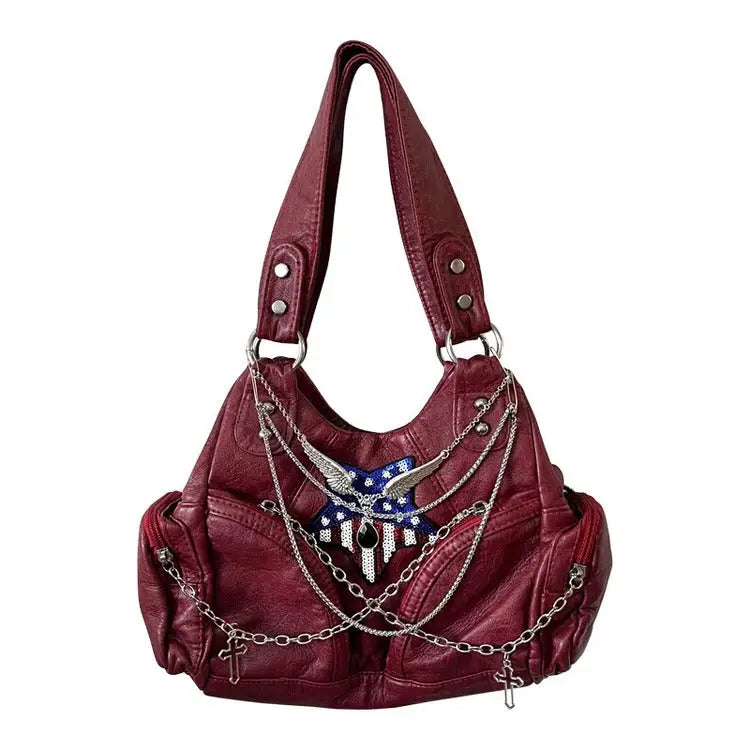 Red grunge aesthetic american flag handbag - Y2k Empire