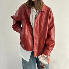 Red leather grunge bomber jacket - Y2k Empire