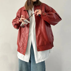 Red leather grunge bomber jacket - Y2k Empire