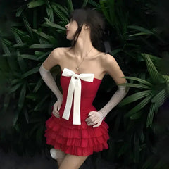 Red mini skirt set with white bow - Y2k Empire