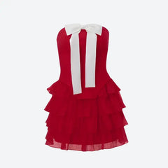 Red mini skirt set with white bow - Y2k Empire