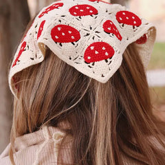 Red mushroom print crochet bandana with adjustable string ties - Y2k Empire