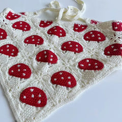 Red mushroom print crochet bandana with adjustable string ties - Y2k Empire