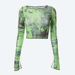 Retro-print sheer long sleeve top - Y2k Empire