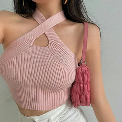 Ribbed halter neck knit top - Y2k Empire