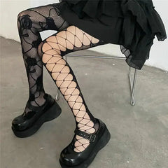 Rose patterned goth fishnet tights - Y2k Empire