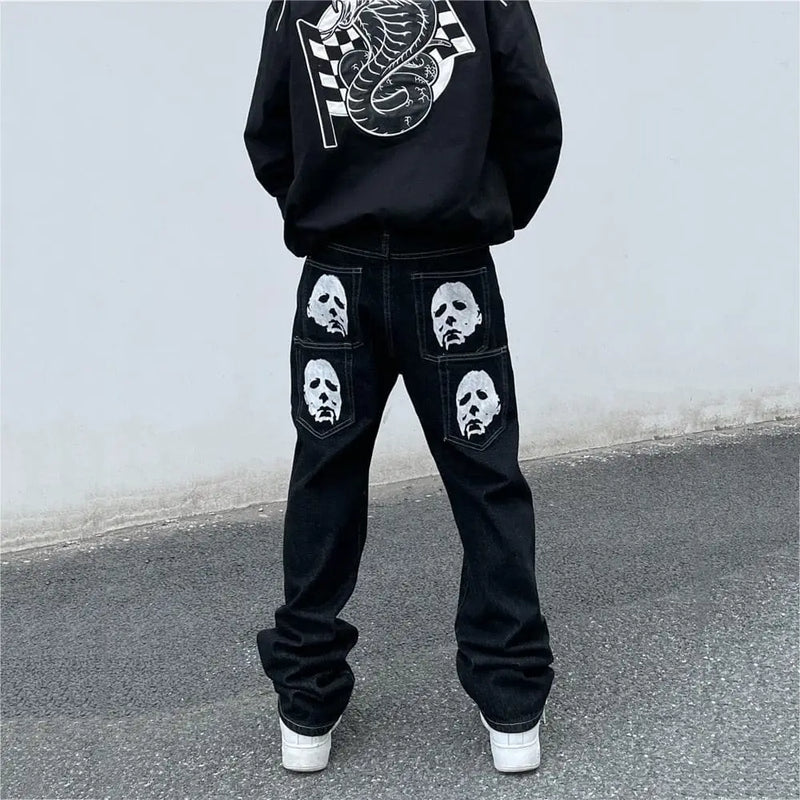 Skull-patterned y2k streetwear jeans - Y2k Empire