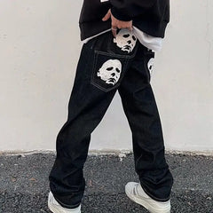 Skull-patterned y2k streetwear jeans - Y2k Empire