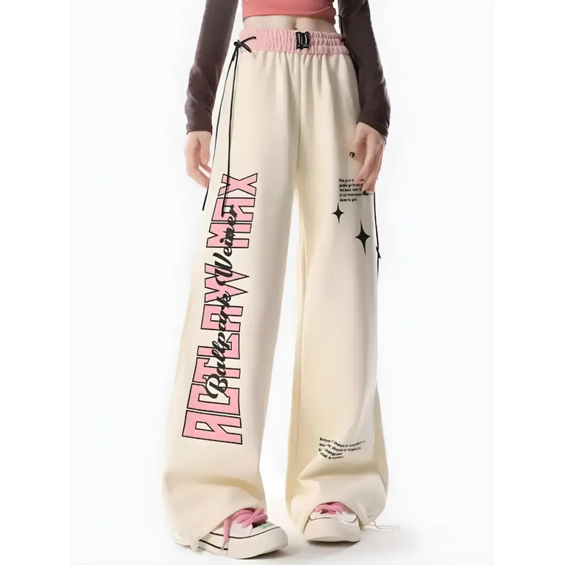 Soft cream lace-up sweatpants with pink text detail - Y2k Empire