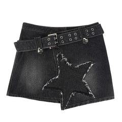 Star girl denim buckle skirt with star patches - Y2k Empire