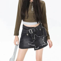 Star girl denim buckle skirt with star patches - Y2k Empire