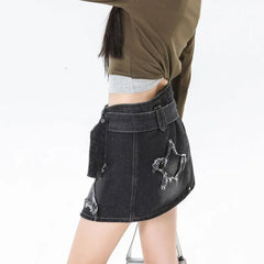 Star girl denim buckle skirt with star patches - Y2k Empire