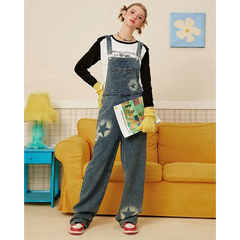 Star girl denim overall with graffiti print - Y2k Empire