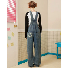 Star girl denim overall with graffiti print - Y2k Empire