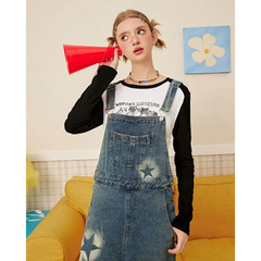 Star girl denim overall with graffiti print - Y2k Empire