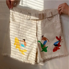 Surfer and shark embroidered shorts with buckle belt - Y2k Empire