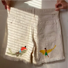 Surfer and shark embroidered shorts with buckle belt - Y2k Empire