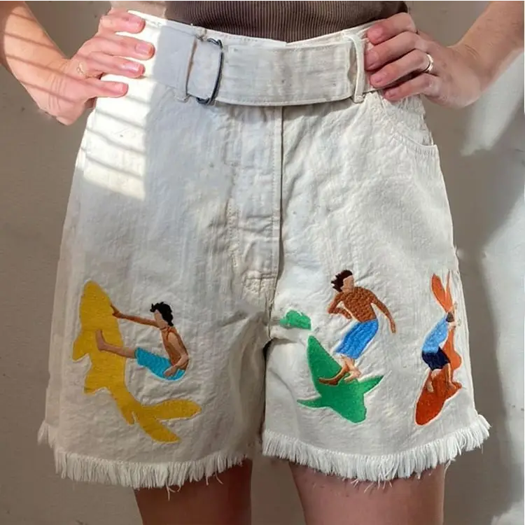 Surfer and shark embroidered shorts with buckle belt - Y2k Empire