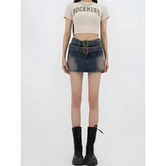 Urban denim mini skort with double belts - Y2k Empire