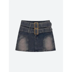 Urban denim mini skort with double belts - Y2k Empire