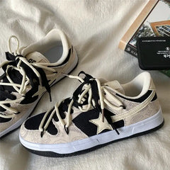 Vegan leather black and white sneakers with shooting star design - Y2k Empire