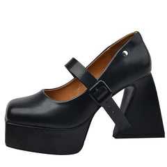 Vegan leather mary jane heels with block heel and buckle closure - Y2k Empire