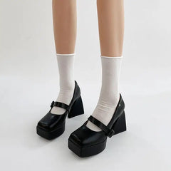 Vegan leather mary jane heels with block heel and buckle closure - Y2k Empire