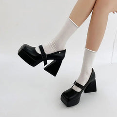 Vegan leather mary jane heels with block heel and buckle closure - Y2k Empire