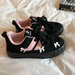 Vegan leather pink bow platform sneakers - Y2k Empire