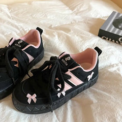 Vegan leather pink bow platform sneakers - Y2k Empire