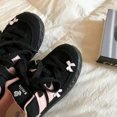 Vegan leather pink bow platform sneakers - Y2k Empire